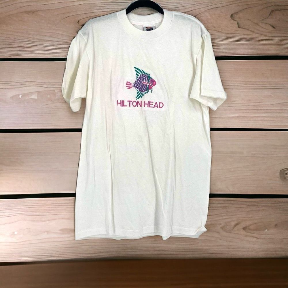 Vintage 80s Hilton Head Single stitch Tropical Fish T-Shirt White Medium